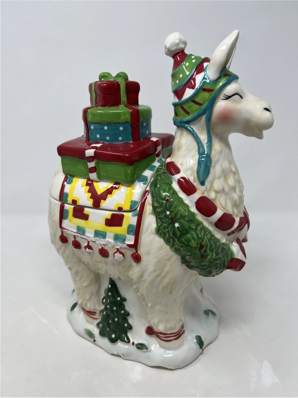 Holiday Llama Ceramic Cookie Jar White Red Green Blue Sky Alpaca Llama Christmas
